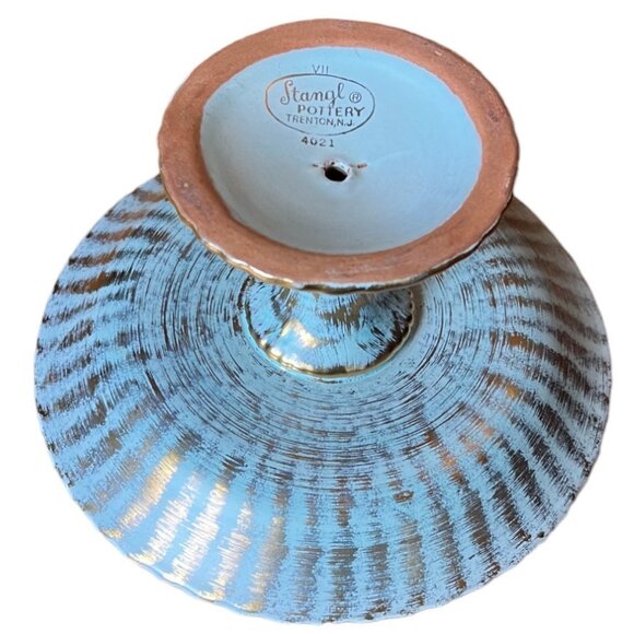 Vintage 1960s Stangl PotteryTrenton NJ Blue & Gold Fluted Pedestal Dish 6.5 x 4 - Picture 3 of 6